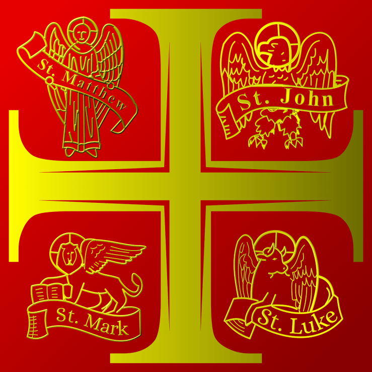 An image of a stylized cross that looks like a plus sign over a red background. It is gold in color. Outside the cross, in each corner of the image is the Tetramorph. These are four shapes of winged creatures that represent the different Gospels. Clockwise from the top-left are Matthew, John, Luke, and Mark. They are represented by a man, an eagle, a bull, and a lion respectively.