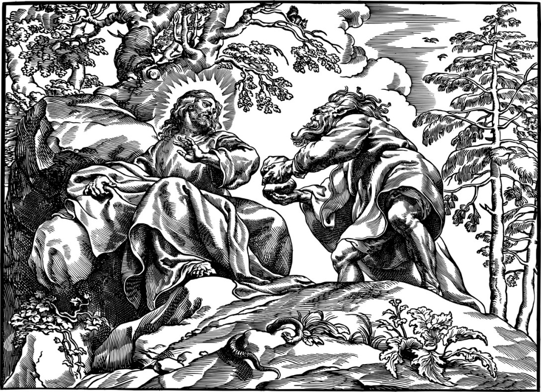 This is a line drawing of Jesus being tempted by the devil. Jesus is sitting amongst stones with a little bit of vegetation near His feet. A snake can be seen next to the grasses. The devil, who looks like a beast of some sort, is next to Jesus. He is holding something in his hands.