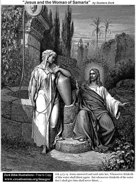 Jesus and the Woman of Samaria by Gustave Dore. The Samaritan woman is standing next to Jacob's Well with a jar under her arm. She is looking at Jesus. He is sitting next to the well with his right arm just above it. His left arm is outstretched, as He is in the middle of a teaching gesture.