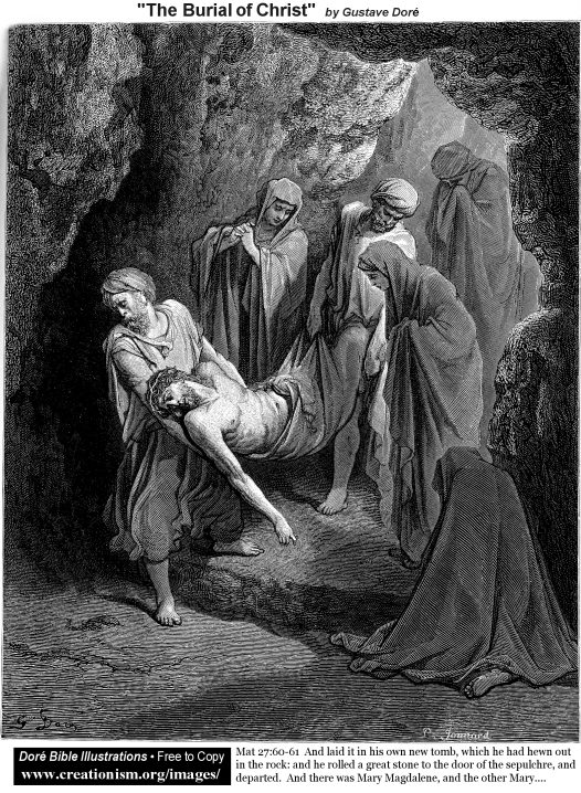 The body of Jesus is carried into His tomb by Joseph and another man. Multiple women can be seen nearby, mourning.