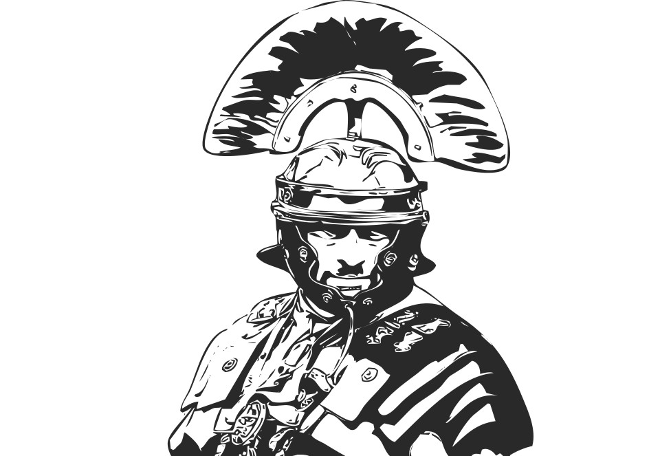 A line drawing of a Roman Centurion. The upper portion of his armor, with his distinctive helmet, can be seen. He is staring at the camera.
