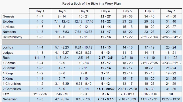 The top part of the Read a book of the Bible in a Week Plan.