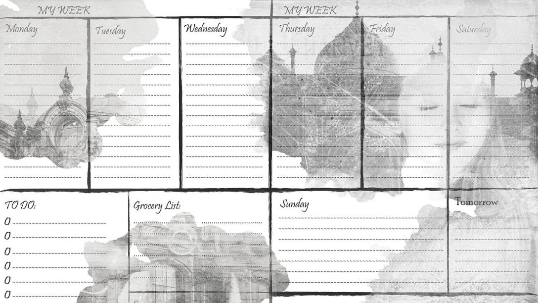 A planner for a week. It shows boxes for Monday - Saturday along the top with lines in each for notes. It also has room for Sunday, a grocery list, and a to do list.