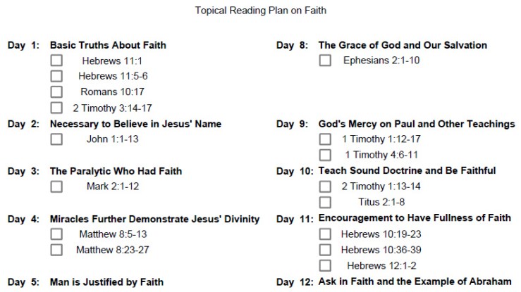 The top part of the Topical Reading Plan on Faith.