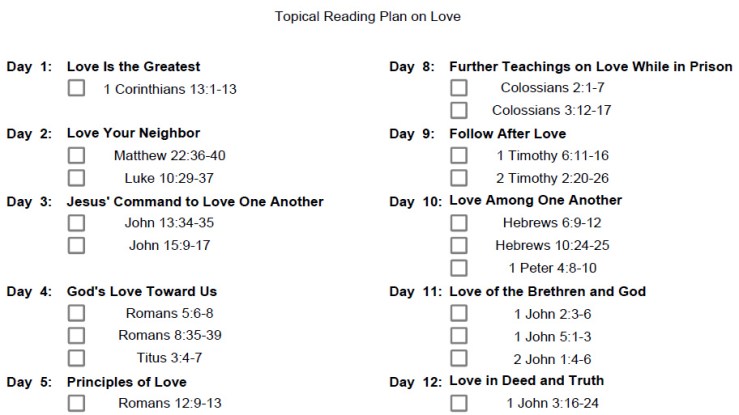 The top part of the Topical Reading Plan on Love.