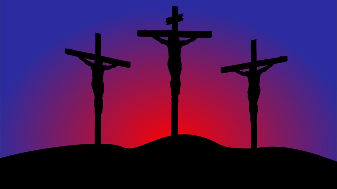 An illustration showing Jesus and the two criminals hanging from their crosses.